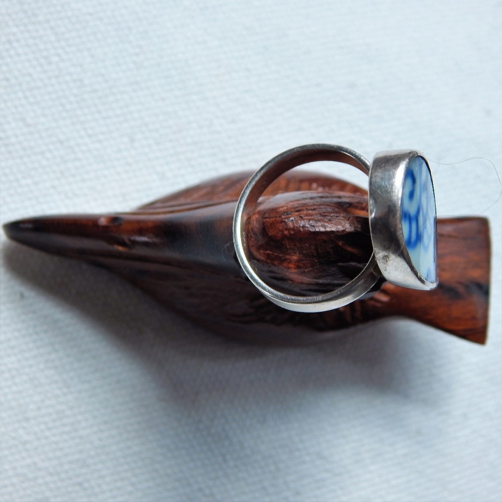 Sterling Blue White Porcelain Mehndhi Ring 8.5 - Picture 3 of 6